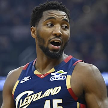 Nov 5, 2025; Cleveland, Ohio, USA; Cleveland Cavaliers guard Donovan Mitchell (45) stands on the court in the first quarter against the Philadelphia 76ers at Rocket Arena. Mandatory Credit: David Richard-Imagn Imagesp0-------