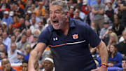 Auburn Tigers head coach Bruce Pearl reacts to a foul called against the Tennessee Volunteers during the second half at Bridgestone Arena.