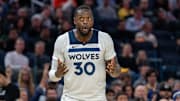 Dec 6, 2024; San Francisco, California, USA; Minnesota Timberwolves forward Julius Randle (30) reacts after being called for a foul against Golden State Warriors guard Stephen Curry (not pictured) during the third quarter at Chase Center. Mandatory Credit: Neville E. Guard-Imagn Images