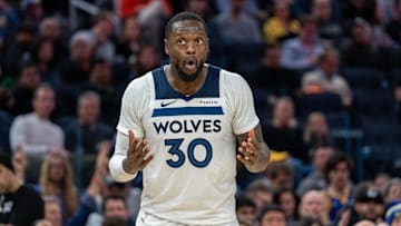 Dec 6, 2024; San Francisco, California, USA; Minnesota Timberwolves forward Julius Randle (30) reacts after being called for a foul against Golden State Warriors guard Stephen Curry (not pictured) during the third quarter at Chase Center. Mandatory Credit: Neville E. Guard-Imagn Images