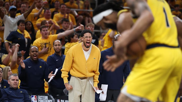 May 25, 2024; Indianapolis, Indiana, USA; Indiana Pacers guard Tyrese Haliburton (middle) reacts during the third quarter of game three of the eastern conference finals in the 2024 NBA playoffs against the Boston Celtics at Gainbridge Fieldhouse. Mandatory Credit: Trevor Ruszkowski-Imagn Images