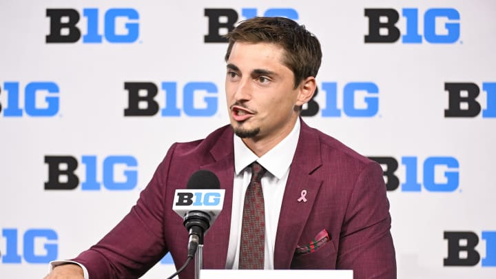 Minnesota quarterback Max Brosmer speaks to the media during Big Ten media day at Lucas Oil Stadium in Indianapolis on July 25, 2024. 