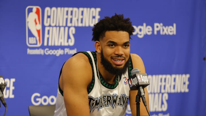 May 22, 2024; Minneapolis, Minnesota, USA; Minnesota Timberwolves center Karl-Anthony Towns (32) speaks in a press conference after game one against the Dallas Mavericks in the western conference finals for the 2024 NBA playoffs at Target Center. Mandatory Credit: Bruce Kluckhohn-USA TODAY Sports