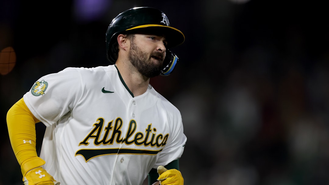 Apr 15, 2026; West Sacramento, California, USA; Athletics catcher Shea Langeliers (23) rounds first base after hitting a two-run home run against the Texas Rangers during the sixth inning at Sutter Health Park. Mandatory Credit: Dennis Lee-Imagn Images