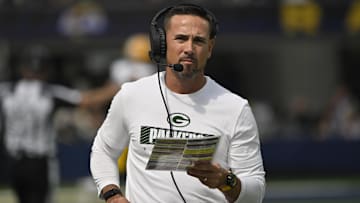 Green Bay Packers head coach Matt LaFleur on the sidelines during the first quarter against the Los Angeles Rams at SoFi Stadium. 