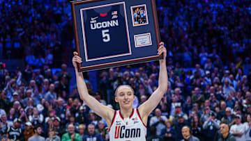 Mar 2, 2025; Storrs, Connecticut, USA; UConn Huskies guard Paige Bueckers (5) is recognized during senior night after the game against the Marquette Golden Eagles at Harry A. Gampel Pavilion.