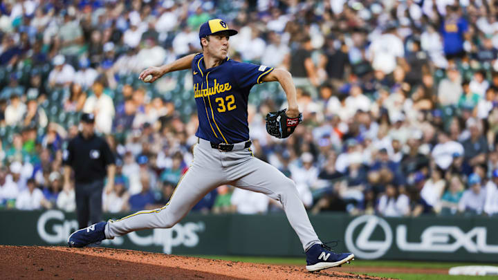 Milwaukee Brewers starting pitcher Jacob Misiorowski throws against the Seattle Mariners during an MLB game Milwaukee Brewers starting pitcher Jacob Misiorowski throws against the Seattle Mariners during an MLB game