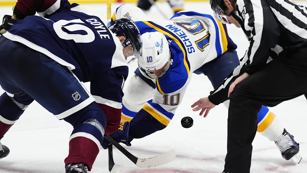 Mar 29, 2025; Denver, Colorado, USA; Colorado Avalanche center Charlie Coyle (10) and St. Louis Blues center Brayden Schenn (10) take a face-off in the third period at Ball Arena. Mandatory Credit: Ron Chenoy-Imagn Images
