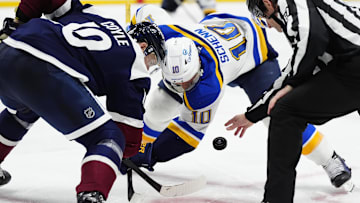 Mar 29, 2025; Denver, Colorado, USA; Colorado Avalanche center Charlie Coyle (10) and St. Louis Blues center Brayden Schenn (10) take a face-off in the third period at Ball Arena. Mandatory Credit: Ron Chenoy-Imagn Images