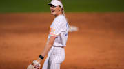 Tennessee's Karlyn Pickens reacts after one of her pitches against Arkansas.