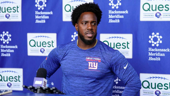 New York Giants assistant general manager Brandon Brown talks to reporters after the first day of mandatory minicamp at the Giants training center in East Rutherford on Tuesday, June 13, 2023.