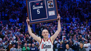Mar 2, 2025; Storrs, Connecticut, USA; UConn Huskies guard Paige Bueckers (5) is recognized during senior night after the game against the Marquette Golden Eagles at Harry A. Gampel Pavilion. Mandatory Credit: David Butler II-Imagn Images