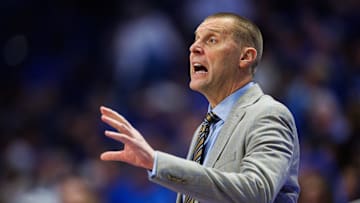 Nov 26, 2025; Lexington, Kentucky, USA; Kentucky Wildcats head coach Mark Pope calls out to his players during the first half against the Tennessee Tech Golden Eagles at Rupp Arena at Central Bank Center. Mandatory Credit: Jordan Prather-Imagn Images