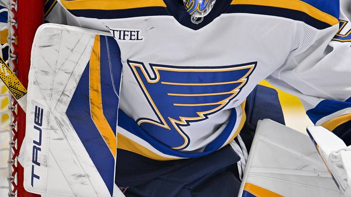 Mar 2, 2025; Dallas, Texas, USA; A view of the logo on the jersey of St. Louis Blues goaltender Jordan Binnington (50) during the game between the Dallas Stars and the St. Louis Blues at the American Airlines Center. Mandatory Credit: Jerome Miron-Imagn Images