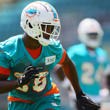 Miami Dolphins cornerback Storm Duck (36) works out during mandatory minicamp at Baptist Health Training Complex. 