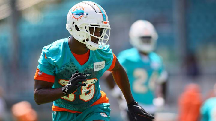 Miami Dolphins cornerback Storm Duck (36) works out during mandatory minicamp at Baptist Health Training Complex. Miami Dolphins cornerback Storm Duck (36) works out during mandatory minicamp at Baptist Health Training Complex.