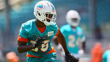 Miami Dolphins cornerback Storm Duck (36) works out during mandatory minicamp at Baptist Health Training Complex in 2024.