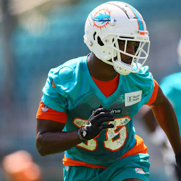 Miami Dolphins cornerback Storm Duck (36) works out during mandatory minicamp at Baptist Health Training Complex in 2024.