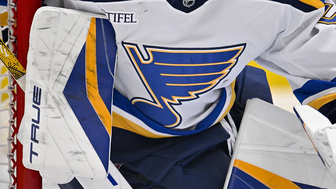 Mar 2, 2025; Dallas, Texas, USA; A view of the logo on the jersey of St. Louis Blues goaltender Jordan Binnington (50) during the game between the Dallas Stars and the St. Louis Blues at the American Airlines Center. Mandatory Credit: Jerome Miron-Imagn Images