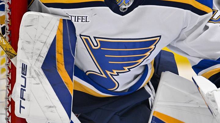 Mar 2, 2025; Dallas, Texas, USA; A view of the logo on the jersey of St. Louis Blues goaltender Jordan Binnington (50) during the game between the Dallas Stars and the St. Louis Blues at the American Airlines Center. Mandatory Credit: Jerome Miron-Imagn Images