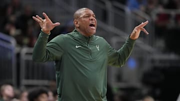 Feb 9, 2025; Milwaukee, Wisconsin, USA;  Milwaukee Bucks head coach Doc Rivers calls out during the fourth quarter against the Philadelphia 76ers at Fiserv Forum. Mandatory Credit: Jeff Hanisch-Imagn Images