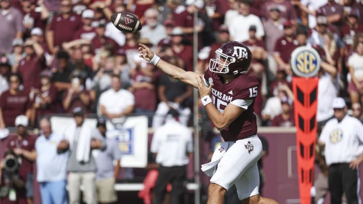 Sep 16, 2023; College Station, Texas, USA; Texas A&M Aggies quarterback Conner Weigman (15) attempts a pass during the first quarter against the Louisiana Monroe Warhawks at Kyle Field. Mandatory Credit: Troy Taormina-USA TODAY Sports