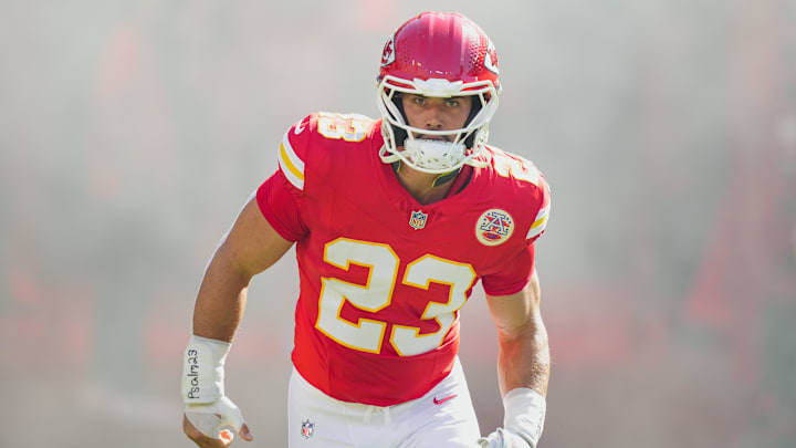 Sep 28, 2025; Kansas City, Missouri, USA; Kansas City Chiefs linebacker Drue Tranquill (23) takes the field prior to a game against the Baltimore Ravens at GEHA Field at Arrowhead Stadium. Mandatory Credit: Jay Biggerstaff-Imagn Images