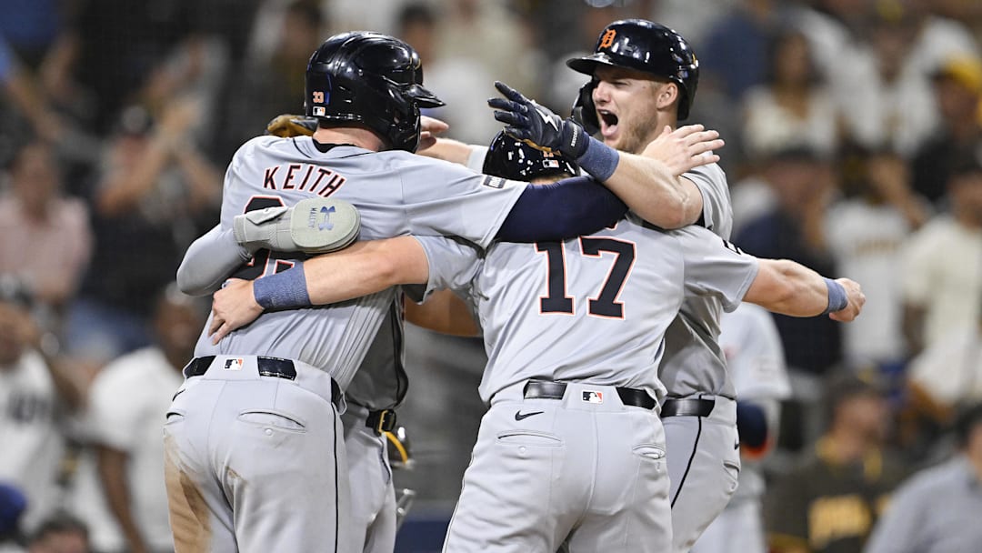 Sep 5, 2024; San Diego, California, USA; Detroit Tigers center fielder Parker Meadows is congratulated after hitting a grand slam.