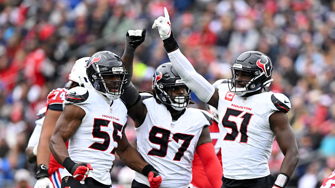 Oct 13, 2024; Foxborough, Massachusetts, USA; Houston Texans defensive end Will Anderson Jr. (51) reacts after a sack against the New England Patriots during the first half at Gillette Stadium. Mandatory Credit: Brian Fluharty-Imagn Images