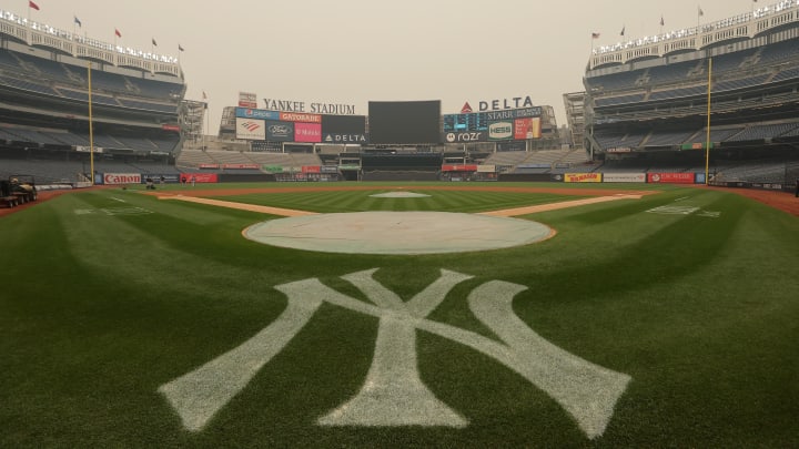 Jun 7, 2023; Bronx, New York, USA; General view of an empty, hazy Yankee Stadium before a game between the New York Yankees and the Chicago White Sox was rescheduled due to poor air quality. Mandatory Credit: Brad Penner-USA TODAY Sports