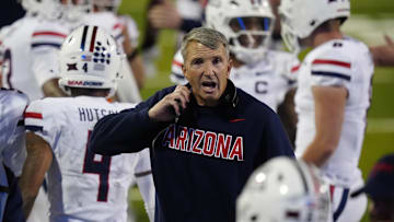 Nov 1, 2025; Boulder, Colorado, USA; Arizona Wildcats head coach Brent Brennan reacts after a touchdown by wide receiver Javin Whatley (6) in the second quarter against the Colorado Buffaloes at Folsom Field. Mandatory Credit: Ron Chenoy-Imagn Images