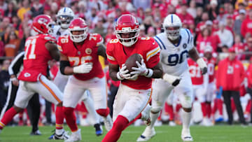 Nov 23, 2025; Kansas City, Missouri, USA; Kansas City Chiefs wide receiver JuJu Smith-Schuster (9) runs against the Indianapolis Colts in the second half at GEHA Field at Arrowhead Stadium. Mandatory Credit: Denny Medley-Imagn Images