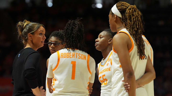 Tennessee basketball coach Kim Caldwell huddles with her team during the NCAA college basketball game against Vanderbilt on Mar. 1, 2026, in Knoxville, Tennessee.