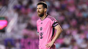 Nov 9, 2024; Fort Lauderdale, Florida, USA; Inter Miami FC forward Lionel Messi (10) reacts in the second half against the Atlanta United FC in a 2024 MLS Cup Playoffs Round One match at Chase Stadium. Mandatory Credit: Sam Navarro-Imagn Images