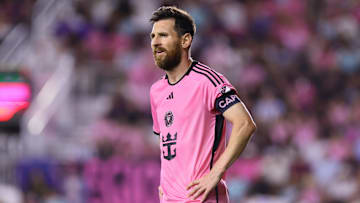 Nov 9, 2024; Fort Lauderdale, Florida, USA; Inter Miami FC forward Lionel Messi (10) reacts in the second half against the Atlanta United FC in a 2024 MLS Cup Playoffs Round One match at Chase Stadium. Mandatory Credit: Sam Navarro-Imagn Images