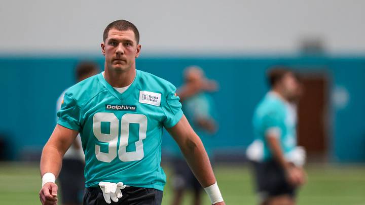 May 8, 2026; Miami Gardens, FL, USA; Miami Dolphins edge Mason Reiger (90) works during rookie minicamp at Baptist Health Training Complex. Mandatory Credit: Sam Navarro-Imagn Images
