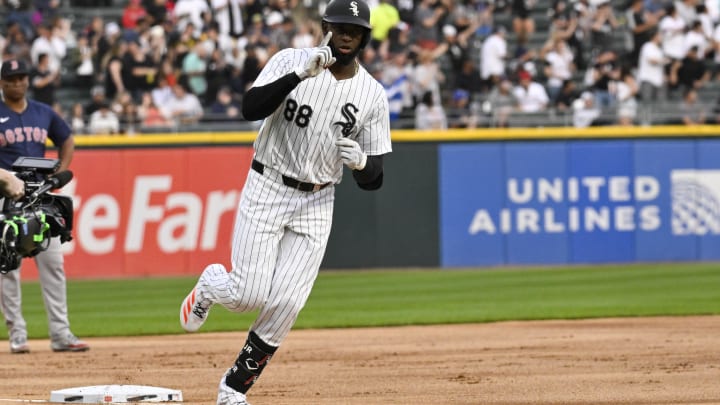 Jun 7, 2024; Chicago, Illinois, USA;  Chicago White Sox outfielder Luis Robert Jr. (88) points after he hits a home run against the Boston Red Sox during the first inning at Guaranteed Rate Field. Mandatory Credit: Matt Marton-USA TODAY Sports
