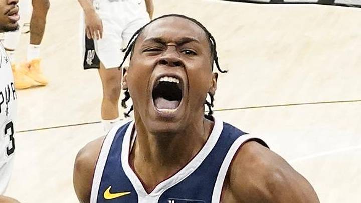 Mar 15, 2024; Austin, Texas, USA; Denver Nuggets forward Peyton Watson (8) reacts after scoring during the second half against the San Antonio Spurs at Moody Center. Mandatory Credit: Scott Wachter-Imagn Images