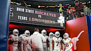 Texas Longhorns head coach Steve Sarkisian leads his team to the field for the second half of the College Football Playoff semifinal game against Ohio State in the Cotton Bowl at AT&T Stadium on Friday, Jan. 10, 2024 in Arlington, Texas.