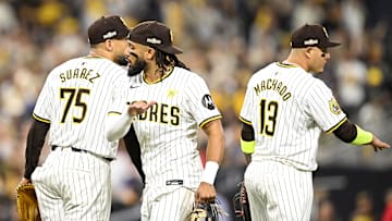 Oct 1, 2024; San Diego, California, USA; San Diego Padres outfielder Fernando Tatis Jr. (23) reacts after the game against the Atlanta Braves in game one of the Wildcard round for the 2024 MLB Playoffs at Petco Park. Mandatory Credit: Denis Poroy-Imagn Images