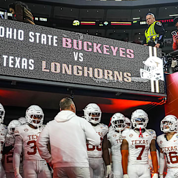 Texas Longhorns head coach Steve Sarkisian leads his team to the field for the second half of the College Football Playoff semifinal game against Ohio State in the Cotton Bowl at AT&T Stadium on Friday, Jan. 10, 2024 in Arlington, Texas.