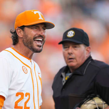 Tennessee baseball head coach Tony Vitello disagrees with a call by the umpires during a NCAA baseball game between the Tennessee Volunteers and Florida Gators at Lindsey Nelson Stadium in Knoxville, Tenn., on Friday, March 14, 2025.