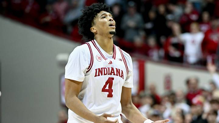 Feb 24, 2026; Bloomington, Indiana, USA; Indiana Hoosiers forward Sam Alexis (4) reacts after a play against the Northwestern Wildcats during the second half at Simon Skjodt Assembly Hall. Mandatory Credit: Robert Goddin-Imagn Images