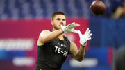Mar 1, 2024; Indianapolis, IN, USA; Texas Christian tight end Jared Wiley (TE16) works out during the 2024 NFL Combine at Lucas Oil Stadium. Mandatory Credit: Kirby Lee-USA TODAY Sports
