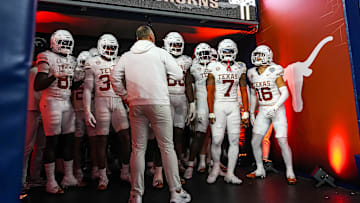 Texas Longhorns head coach Steve Sarkisian leads his team to the field for the second half of the College Football Playoff semifinal game against Ohio State in the Cotton Bowl at AT&T Stadium on Friday, Jan. 10, 2024 in Arlington, Texas.