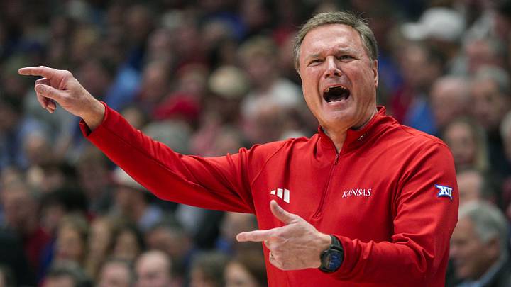Feb 3, 2025; Lawrence, Kansas, USA; Kansas Jayhawks head coach Bill Self reacts during the first half against the Iowa State Cyclones at Allen Fieldhouse. Mandatory Credit: Jay Biggerstaff-Imagn Images