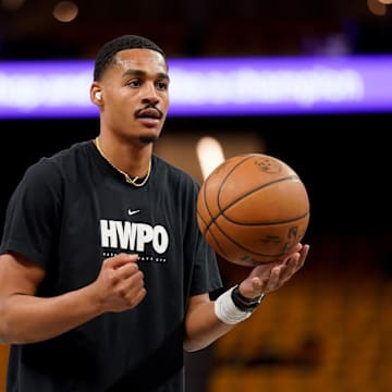 May 2, 2023; San Francisco, California, USA; Golden State Warriors guard Jordan Poole (3) warms up before the start of game one of the 2023 NBA playoffs against the Los Angeles Lakers at the Chase Center. Mandatory Credit: Cary Edmondson-Imagn Images