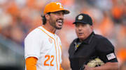 Tennessee baseball head coach Tony Vitello disagrees with a call by the umpires during a NCAA baseball game between the Tennessee Volunteers and Florida Gators at Lindsey Nelson Stadium in Knoxville, Tenn., on Friday, March 14, 2025.