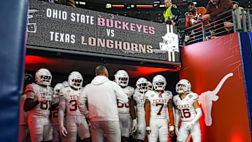 Texas Longhorns head coach Steve Sarkisian leads his team to the field for the second half of the College Football Playoff semifinal game against Ohio State in the Cotton Bowl at AT&T Stadium.
