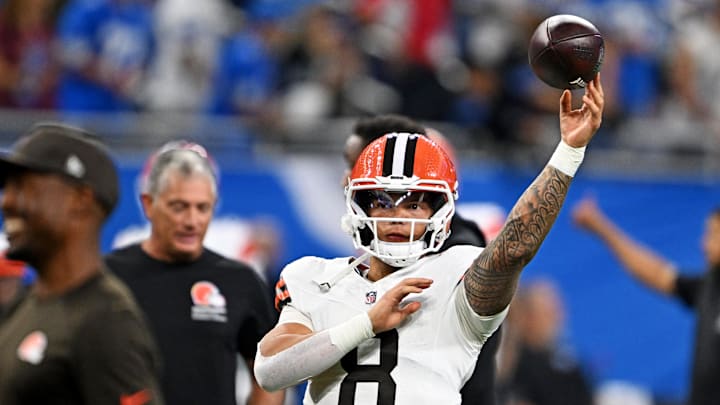 Sep 28, 2025; Detroit, Michigan, USA; Cleveland Browns quarterback Dillon Gabriel (8) warms up before the game against the Detroit Lions at Ford Field. Mandatory Credit: Lon Horwedel-Imagn Images